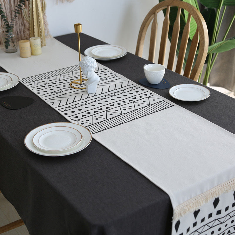 Black & White Boho Geometric Table Runner – Moroccan Style Cotton Blend