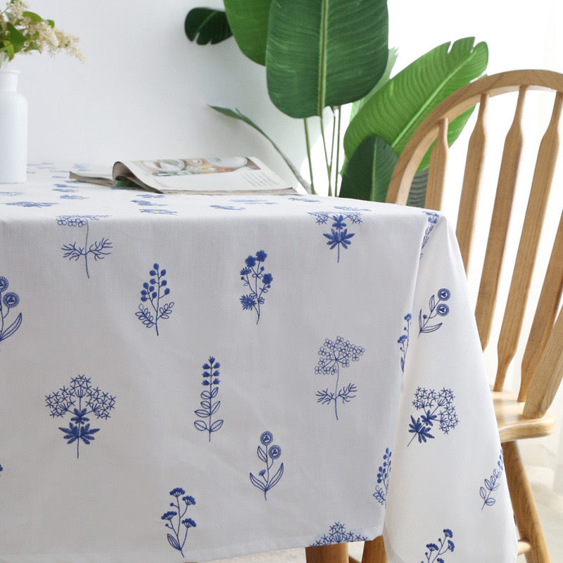 Blue Floral Embroidered Cotton Tablecloth – Blue Blossom Collection