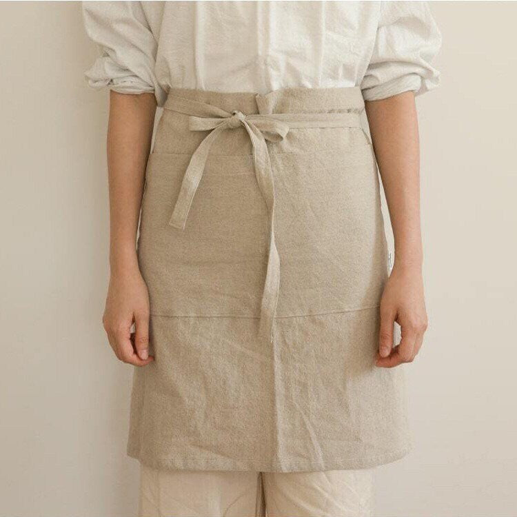 Natural Linen Half Apron with Pockets – Cream Waist Tie Apron